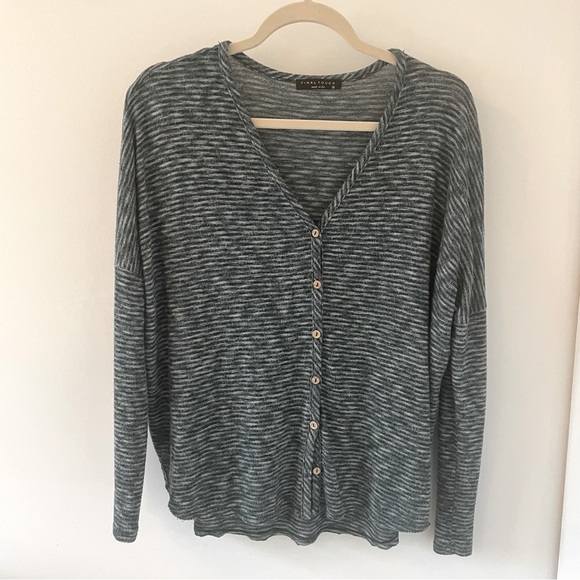 FINAL TOUCH green stripe long sleeve, button down, v-neck shirt - Picture 1 of 5